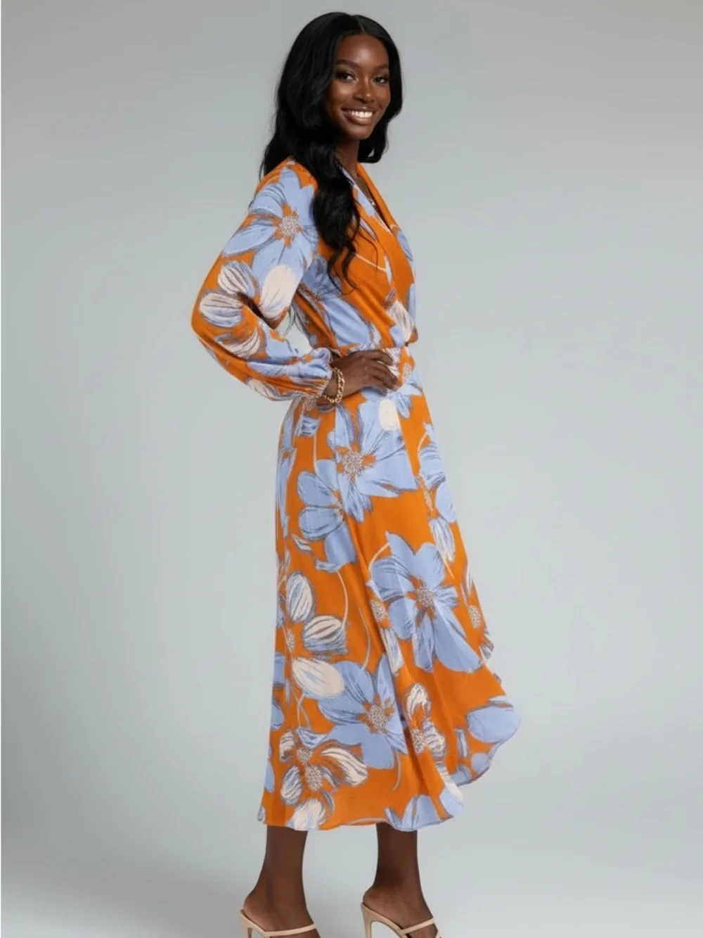 Floral Wrap Maxi Dress in Orange and Light Blue - Picture 2 of 3